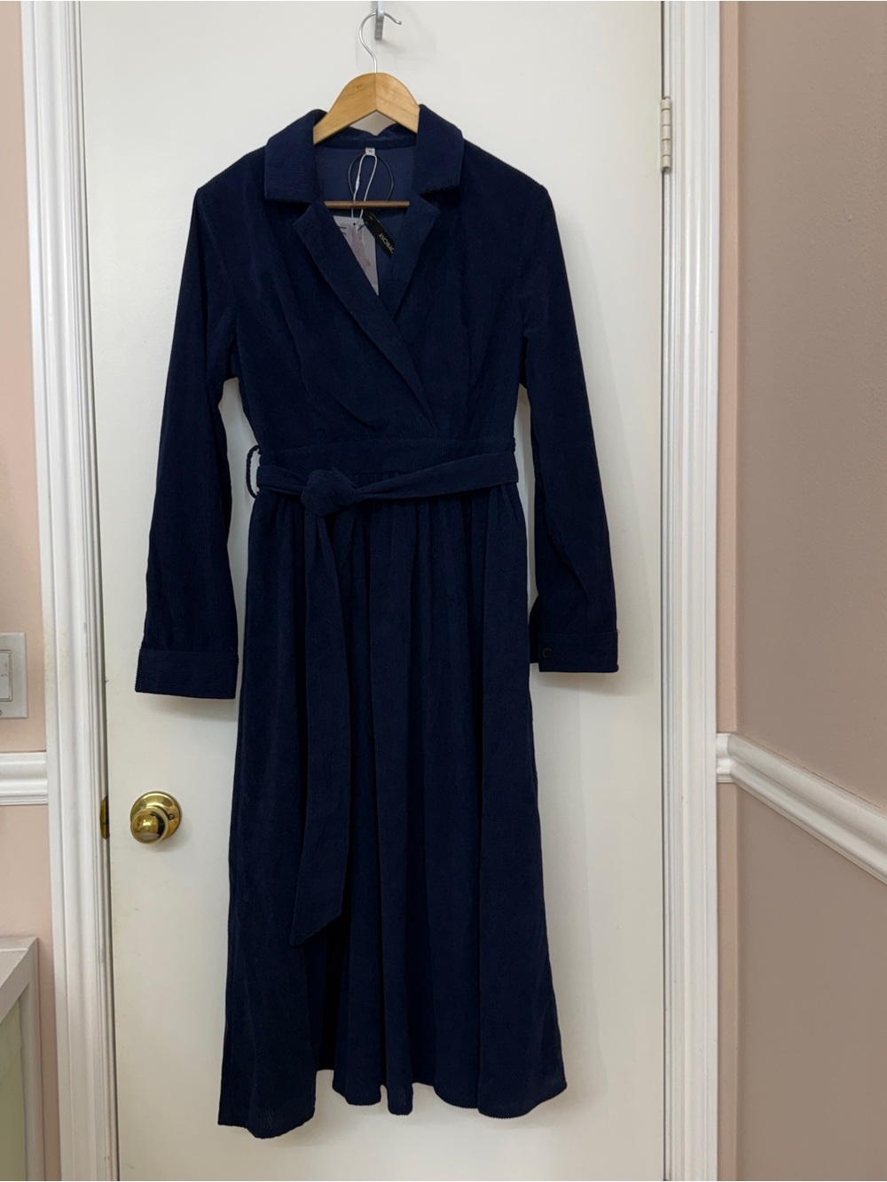 NWT OYROSY Womens Medium Navy Blue Corduroy Wrap Dress Long Sleeve Belted Midi